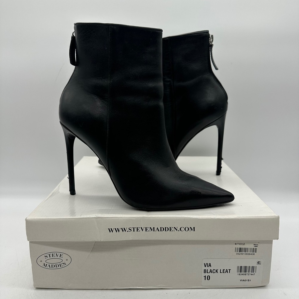 Steve Madden Via Womens 10 Black Leather Stiletto Pointed Toe Zip Ankle Boots